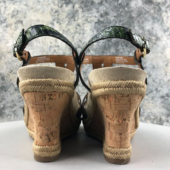 Earthies Women's Size 8.5B Corsica Green Leather Open Toe Espadrille Wedges - Picture 7 of 16